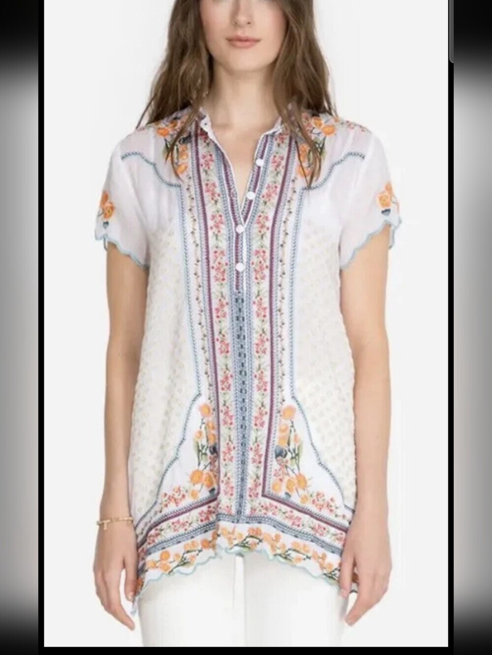 JOHNNY WAS garment is the Moji embroidered robe of the renowned bohemian style